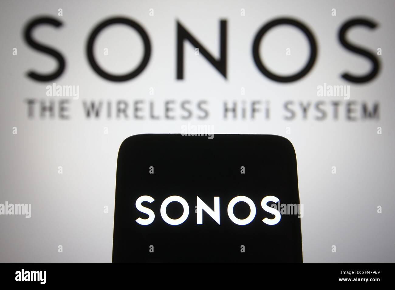 Ukraine. 15th May, 2021. In this photo illustration the Sonos logo of a US  developer and manufacturer of audio products is seen on a smartphone and a  pc screen. (Photo by Pavlo