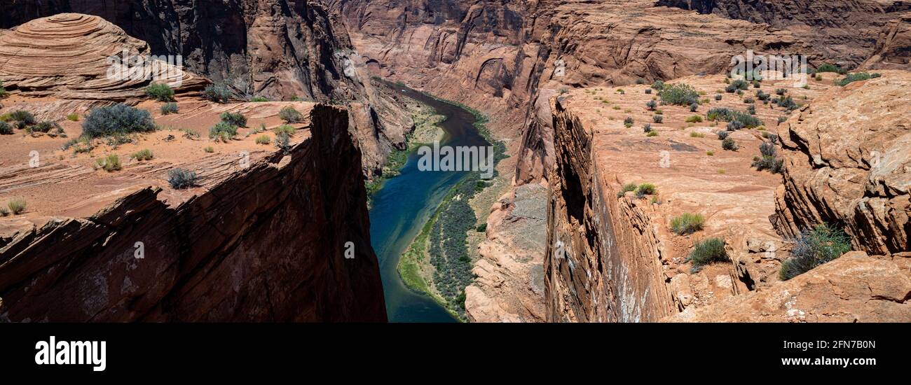 Panoramic of Canyon. Horseshoe Bend on Colorado River in Glen Canyon. Travel Adventure Outdoor Concept. Stock Photo
