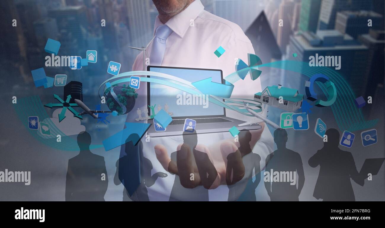 Businessman holding digital interface with laptopt and costumers Stock Photo