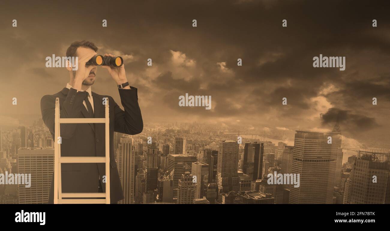 Composition of caucasian businessman looking through binoculars over cityscape Stock Photo