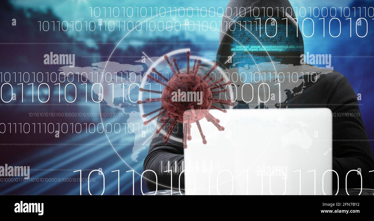 Composition of covid 19 virus cell and binary coding data processing over hacker using laptop. global virus pandemic and cyber attack concept digitall Stock Photo