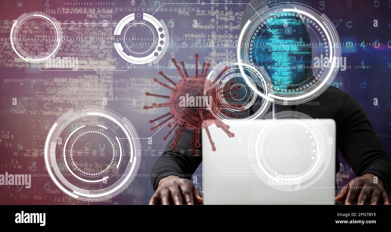 Composition of covid 19 virus cell and binary coding data processing over hacker using laptop. global virus pandemic and cyber attack concept digitall Stock Photo