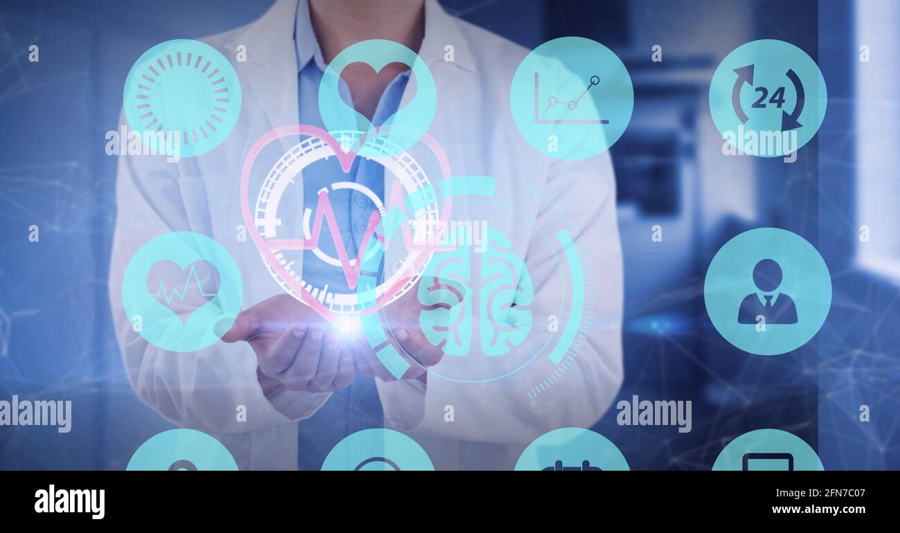 Composition of medical icons over female doctor holding virtual scope ...
