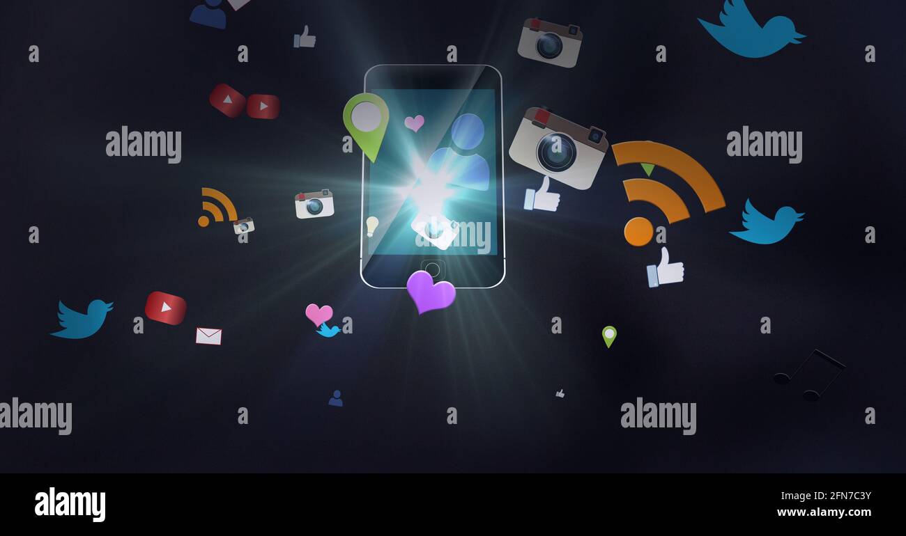Social media icons over a smart device, social media and technology concepts Stock Photo