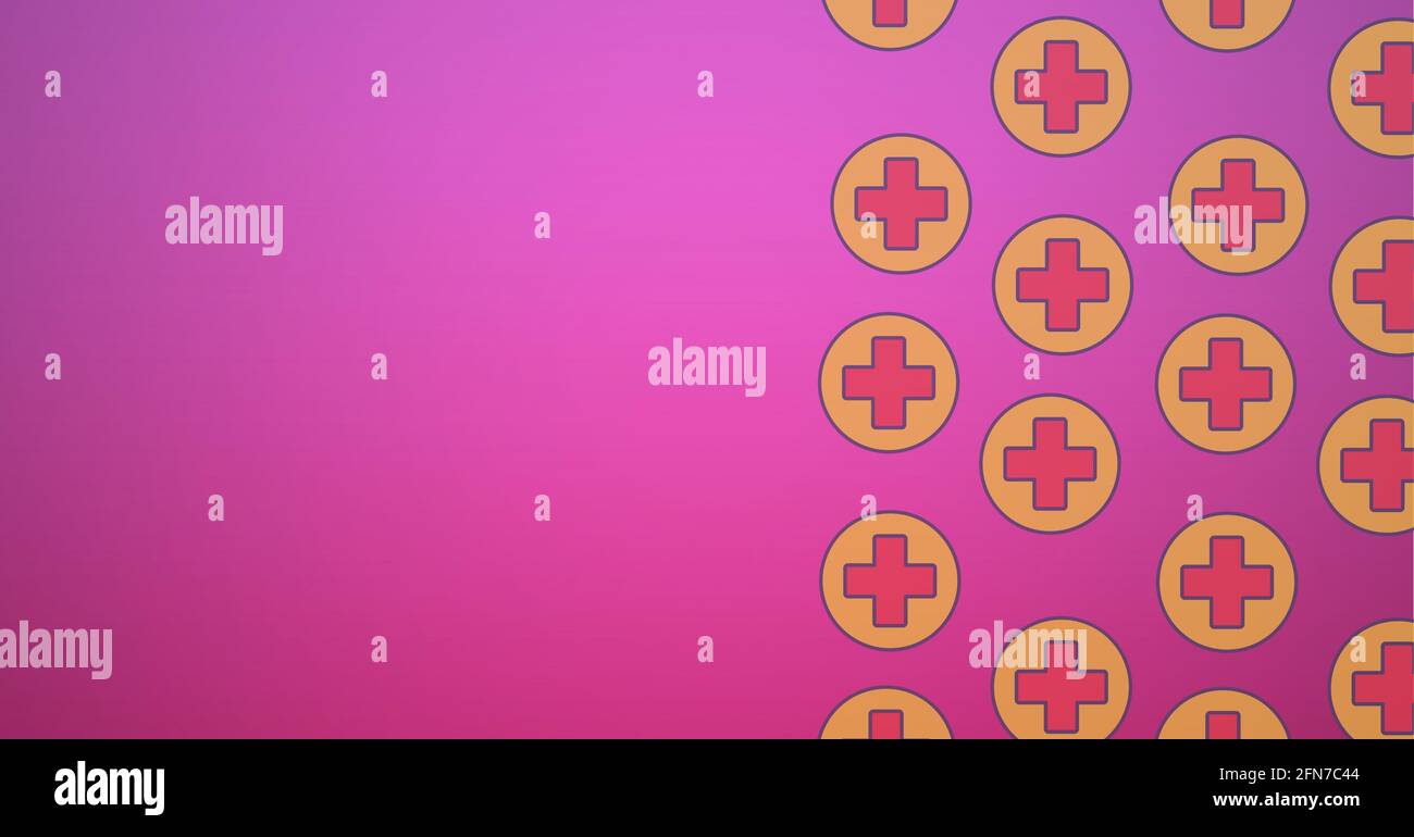 Composition of red crosses on yellow circles with copy space over pink background Stock Photo
