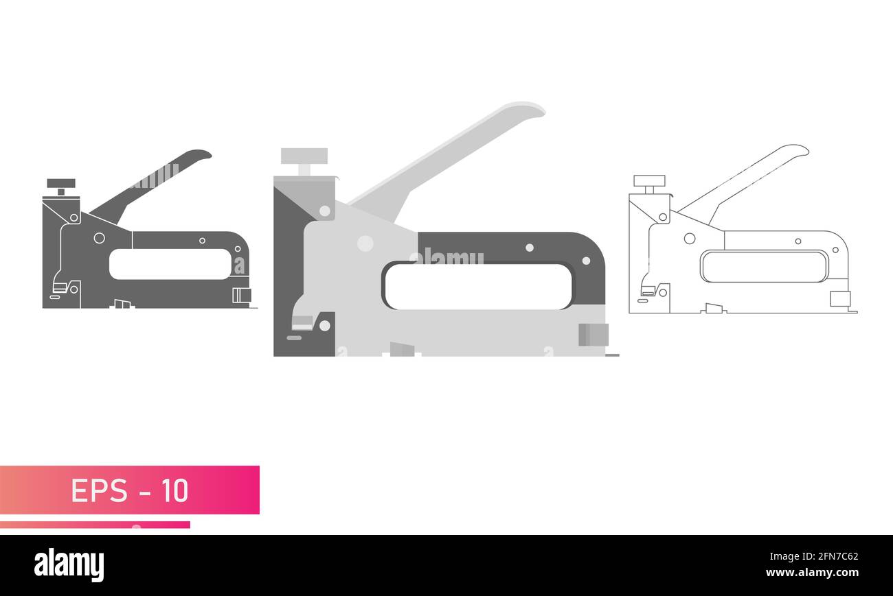 Set, Construction stapler in a metal case. Linear, solid and realistic design. On a white background. Tools for workers. Flat vector illustration. Stock Vector