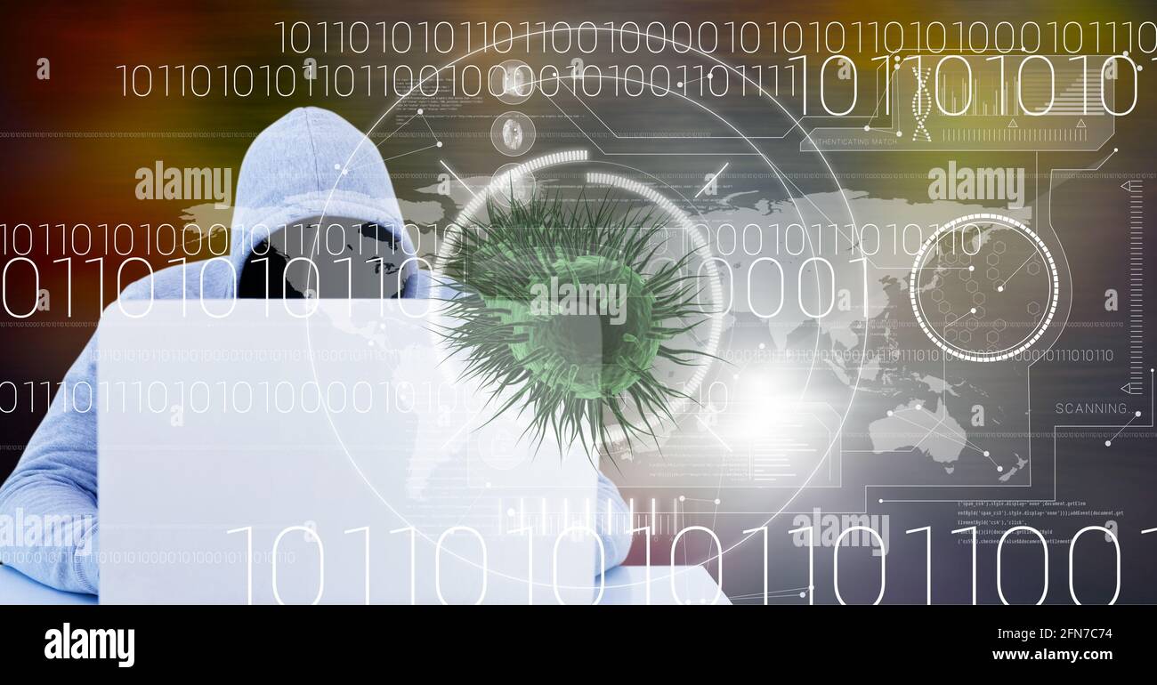 Composition of covid 19 virus cell and binary coding data processing over hacker using laptop. global virus pandemic and cyber attack concept digitall Stock Photo