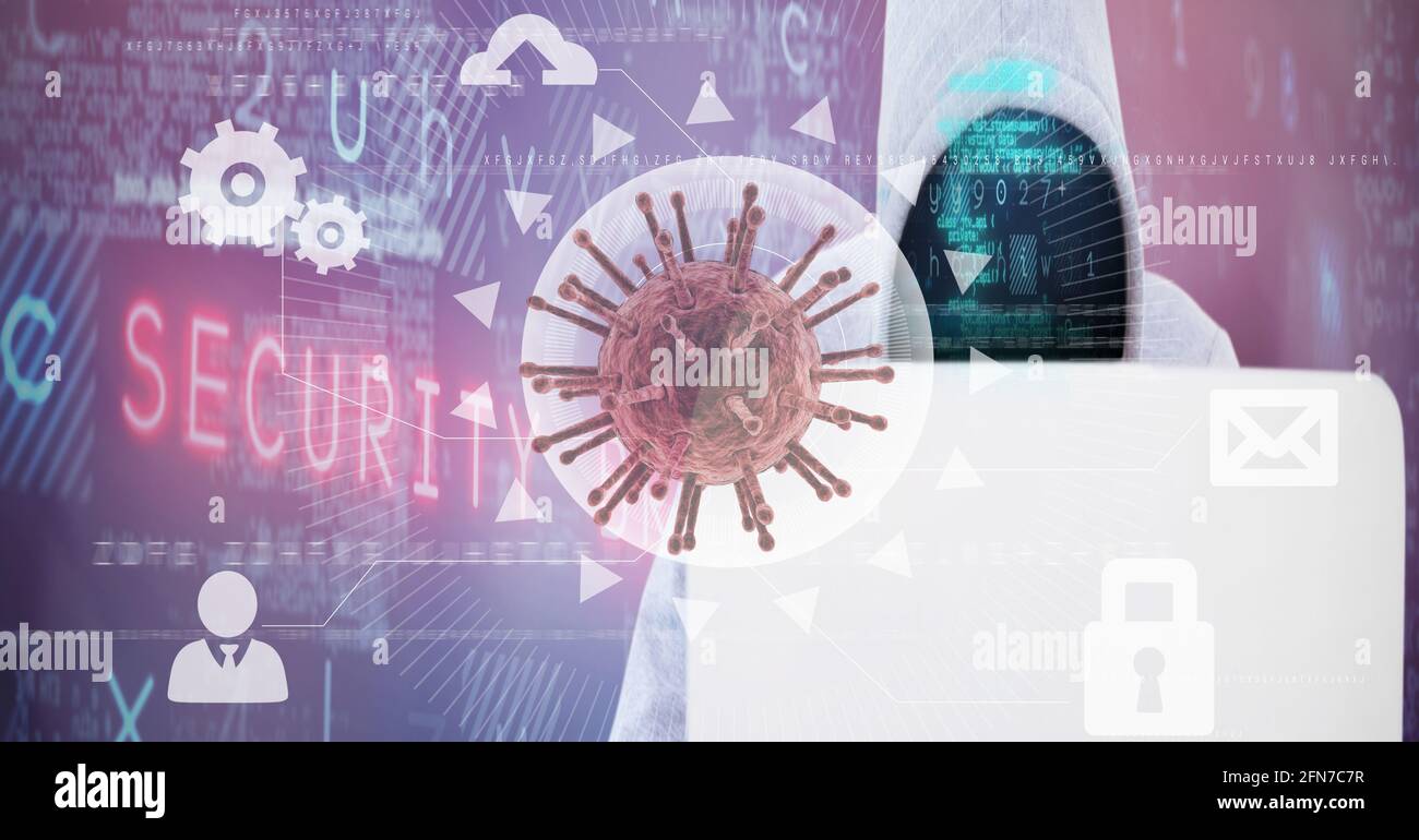 Composition of covid 19 virus cell and binary coding data processing over hacker using laptop. global virus pandemic and cyber attack concept digitall Stock Photo