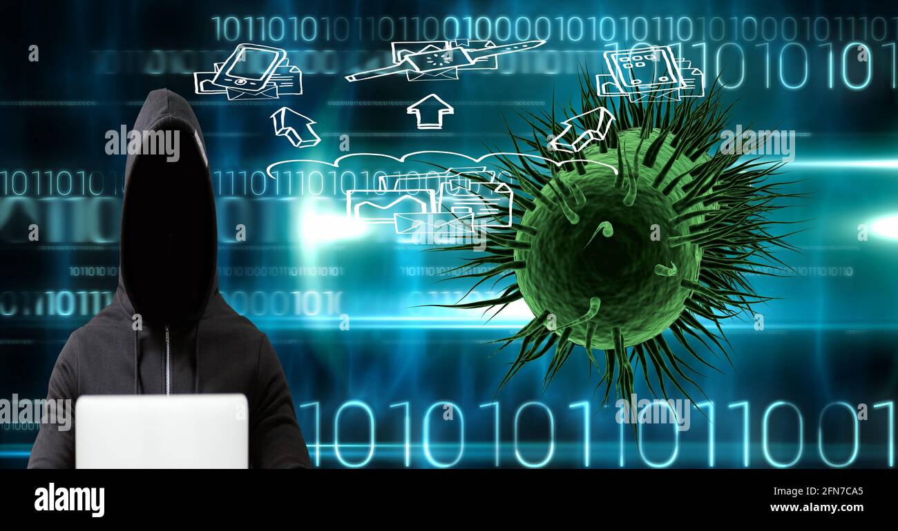 Composition of covid 19 cell virus over binary coding and hacker with laptop Stock Photo