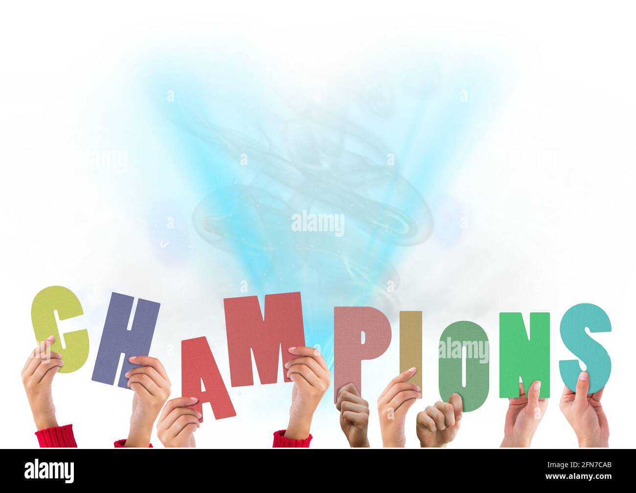 Composition of champions text in multi coloured letters held by people