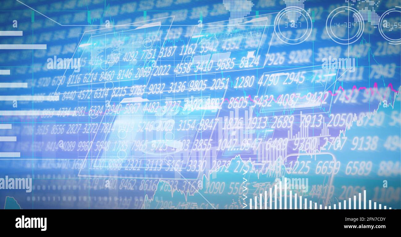 Digital interface with stock market data processing against blue background Stock Photo