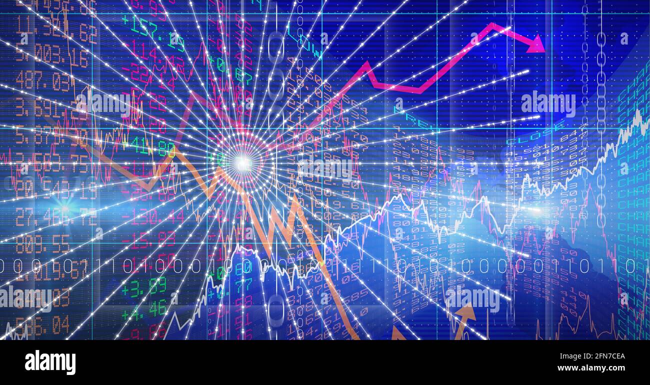 Round scanner and multiple graphs over stock market data processing on blue background Stock Photo
