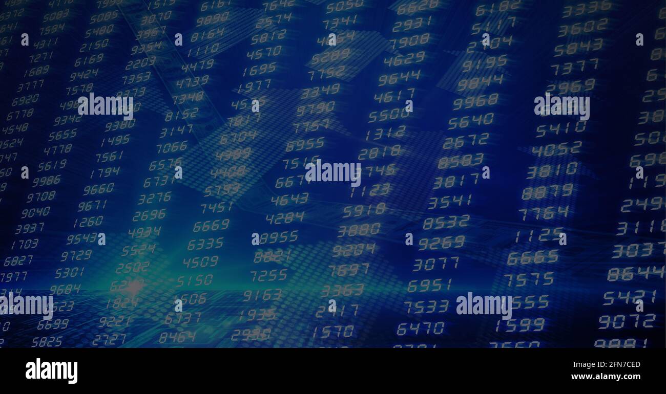 Stock market data processing against multiple arrows moving upwards on blue background Stock Photo