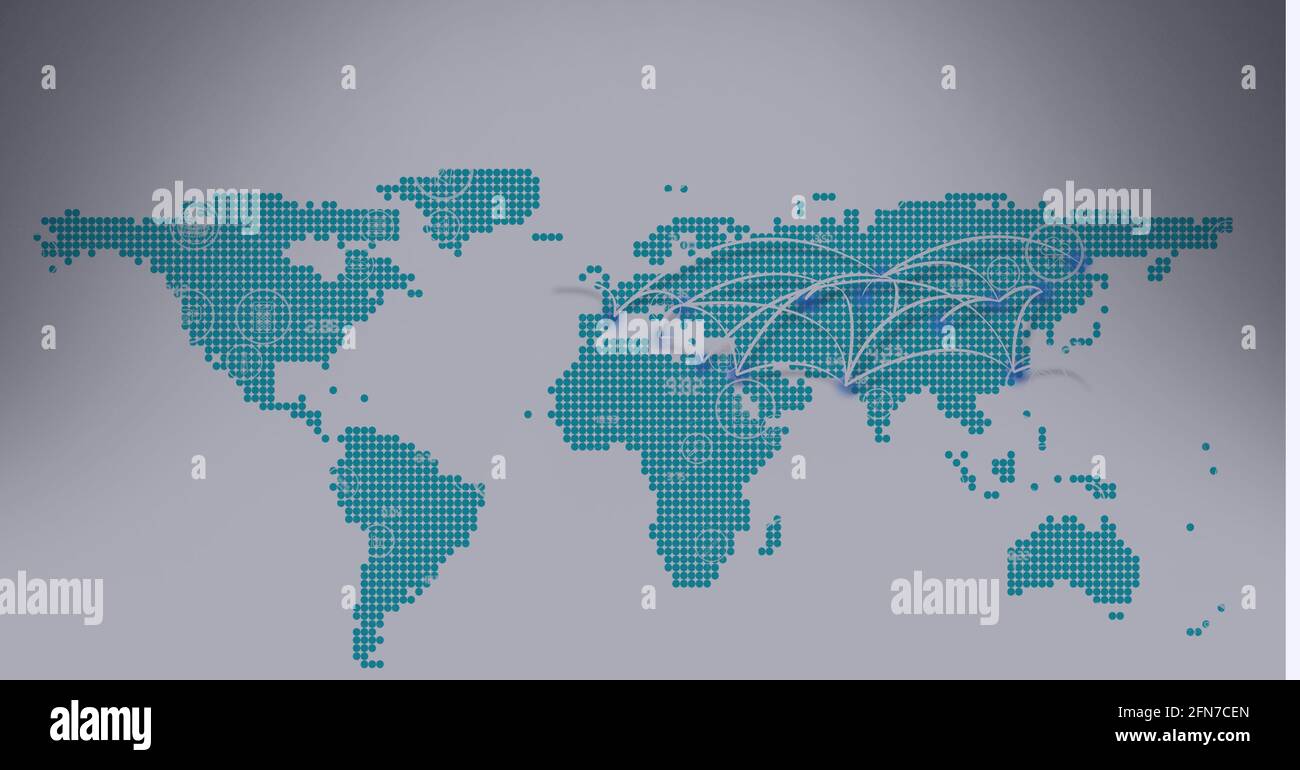 Multiple light trails over world map against grey background Stock Photo