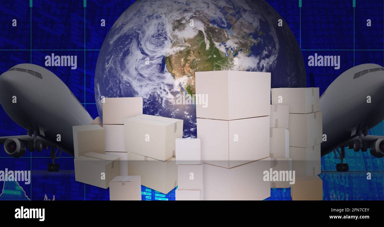 Delivery boxes and airplanes over globe against stock market data processing Stock Photo