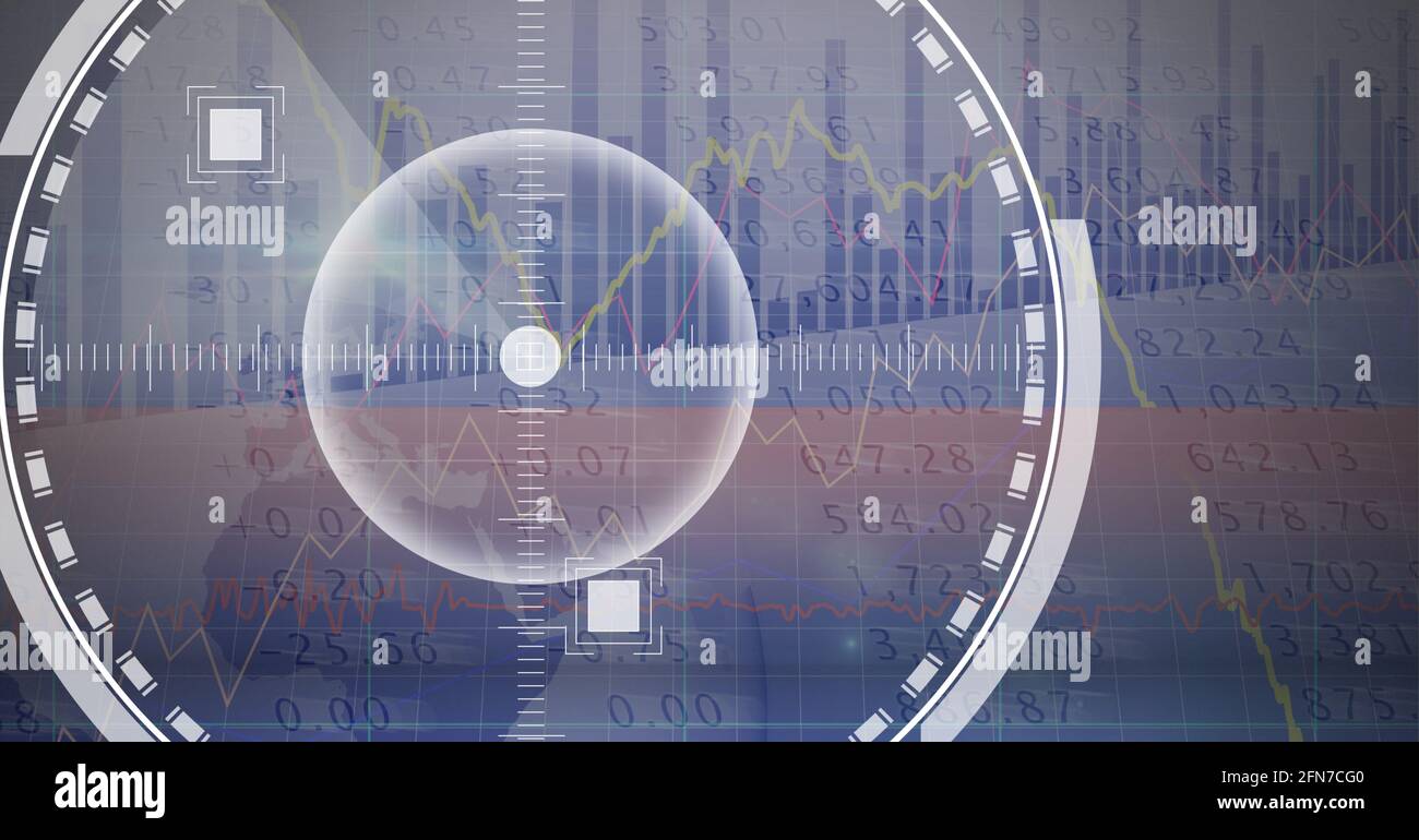 Round scanner over statistical and stock market data processing on grey background Stock Photo