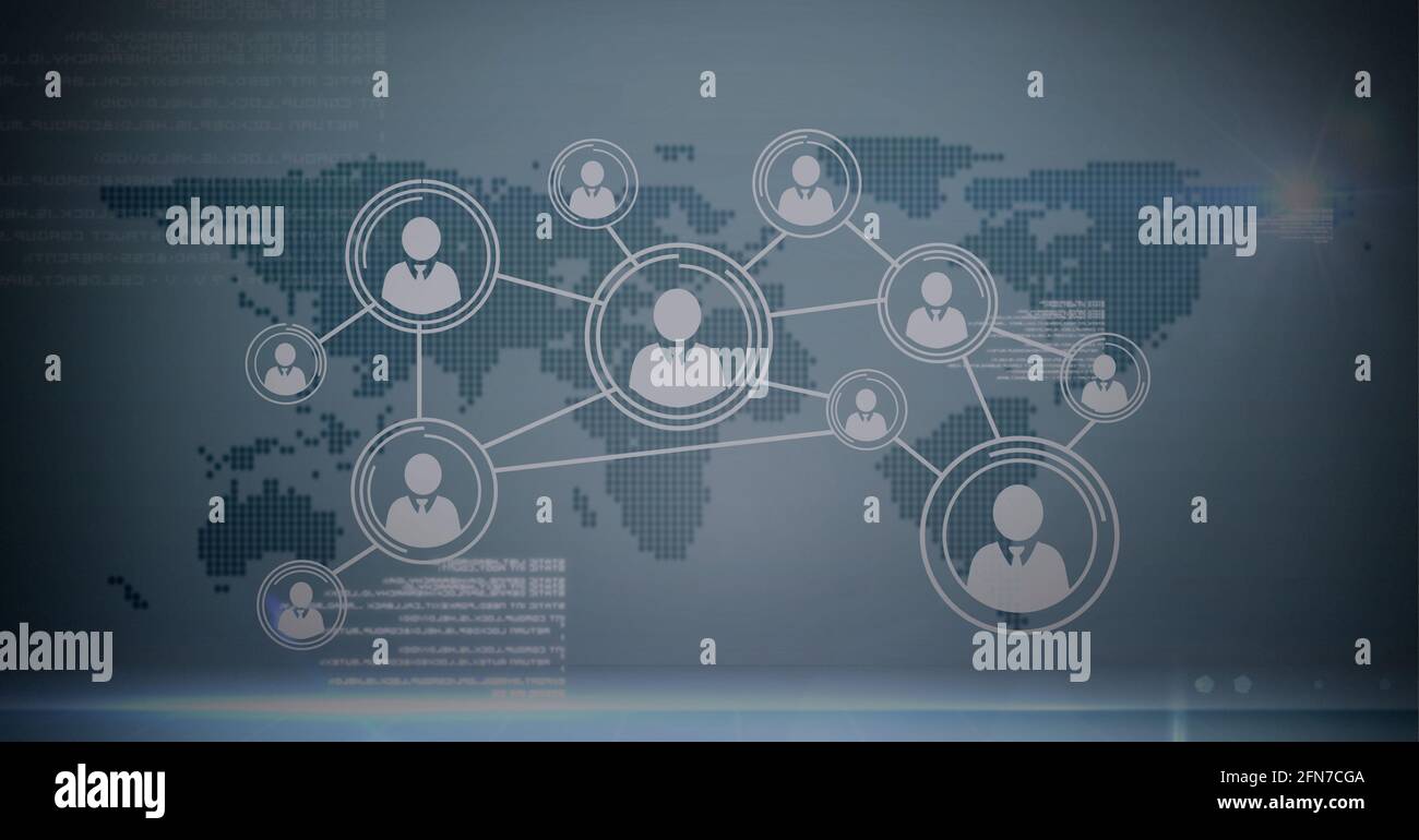 Network of multiple profile icons and data processing over world map against grey background Stock Photo