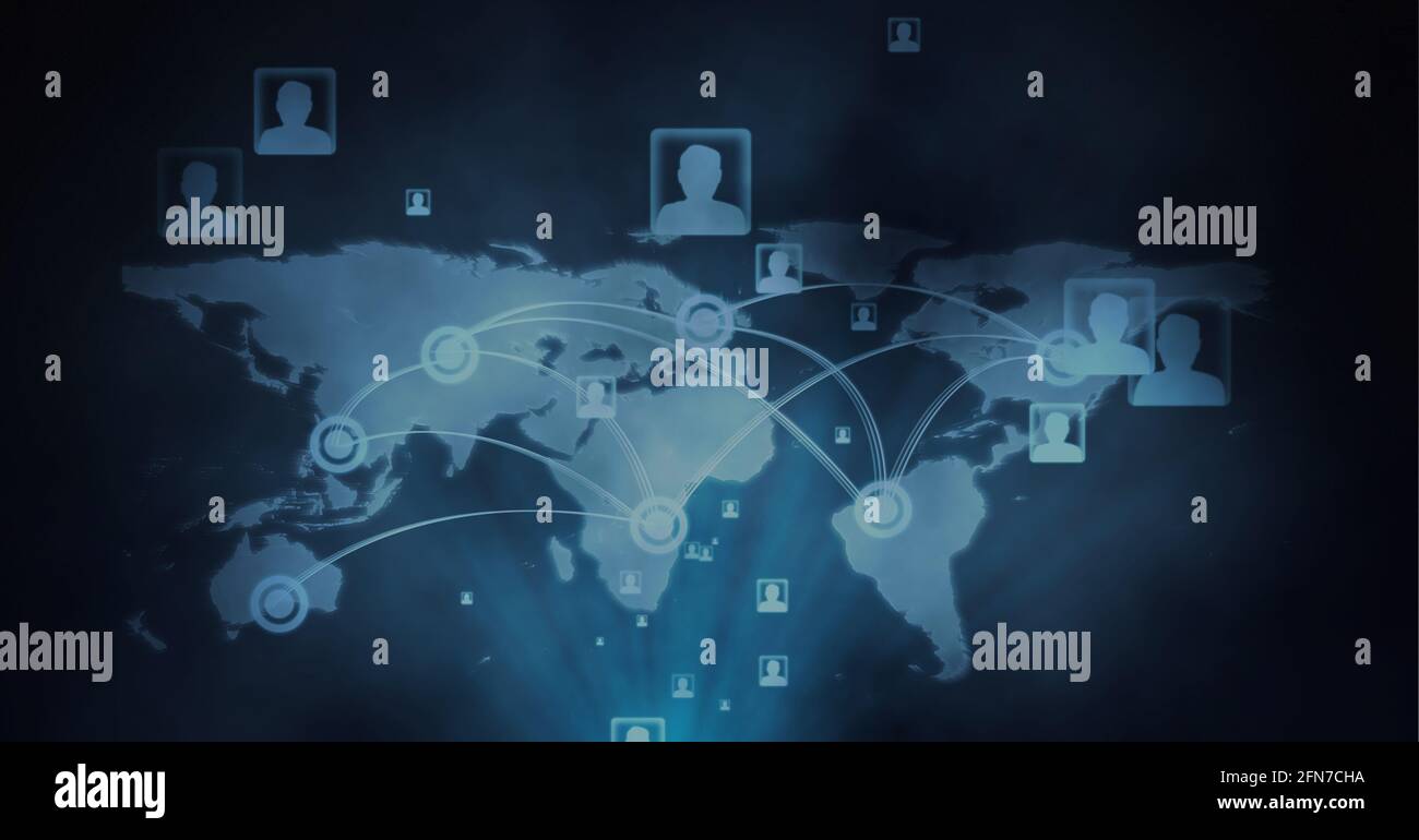 Network of multiple profile icons over world map against blue background Stock Photo