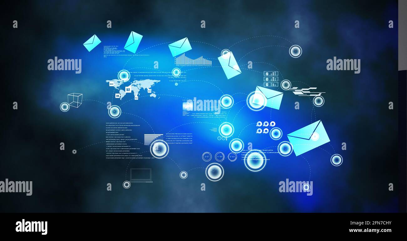 Digital interface with data processing against blue spots of light on black background Stock Photo