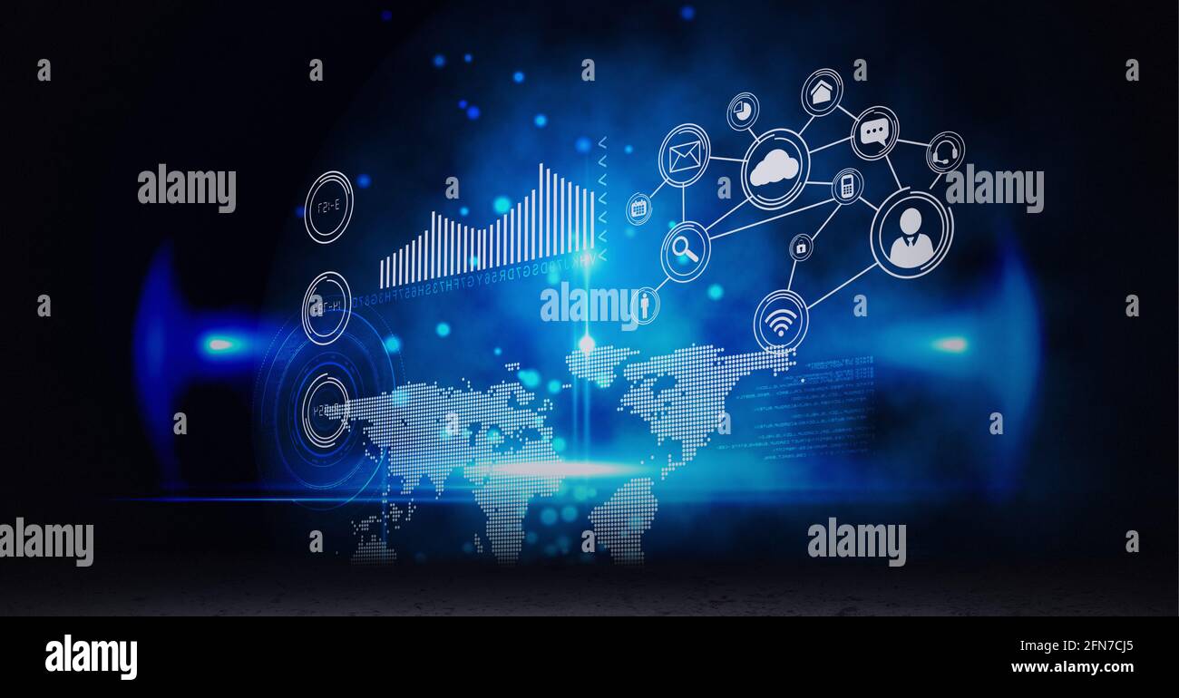 Digital interface with data processing and blue spots of light against ...