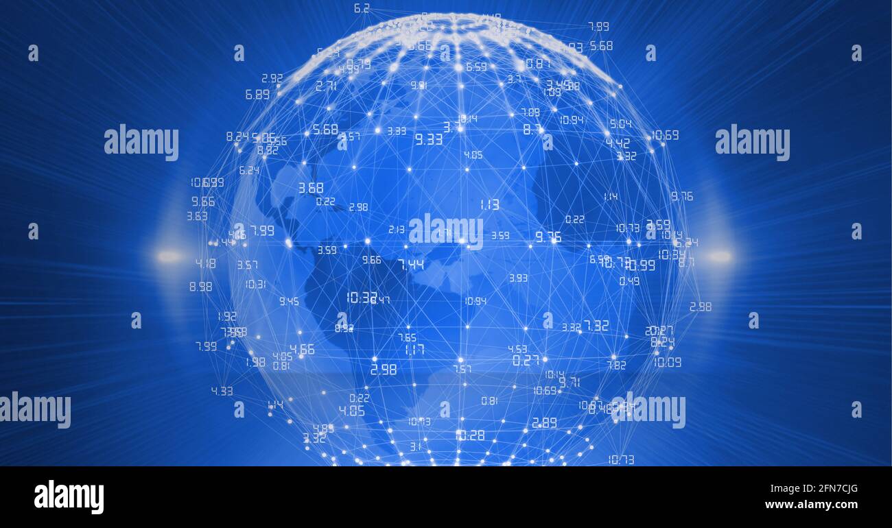 Composition of network of connections with numbers over globe on blue background Stock Photo