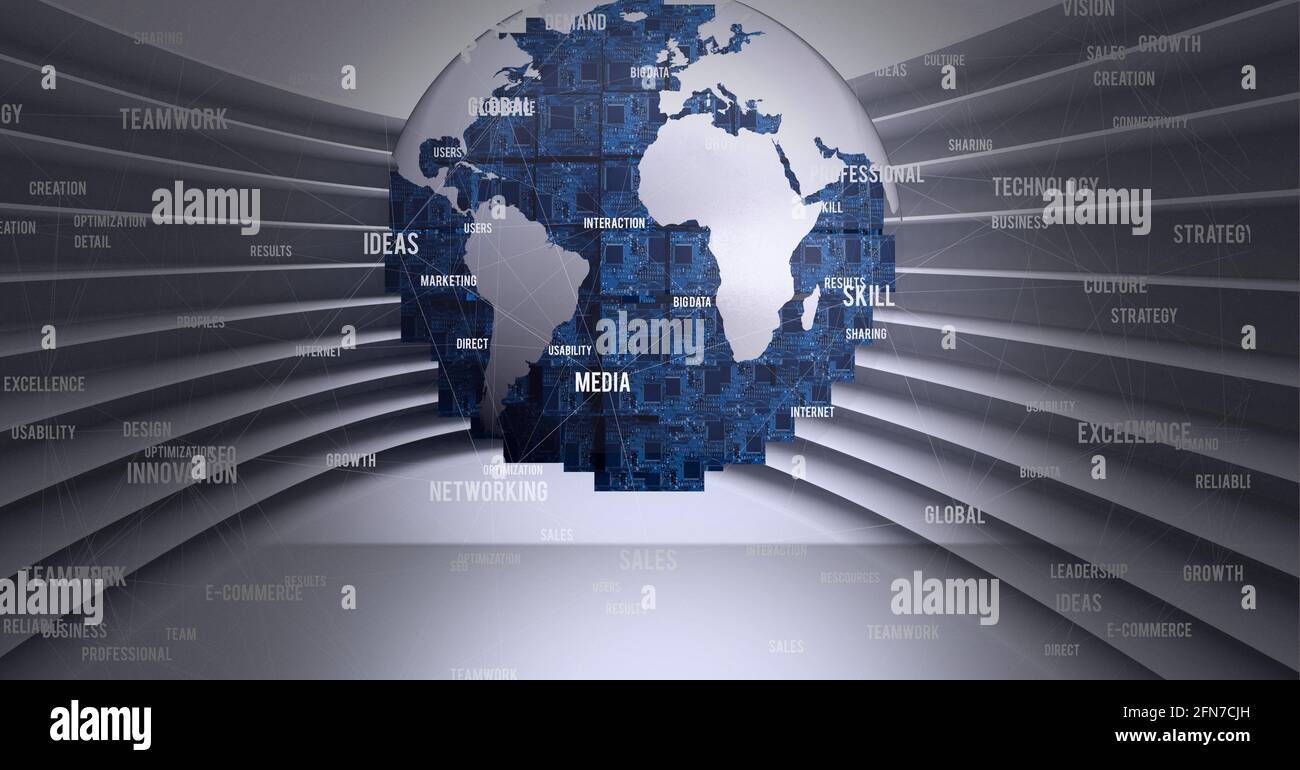 Composition of business text over globe formed with circuit boards Stock Photo