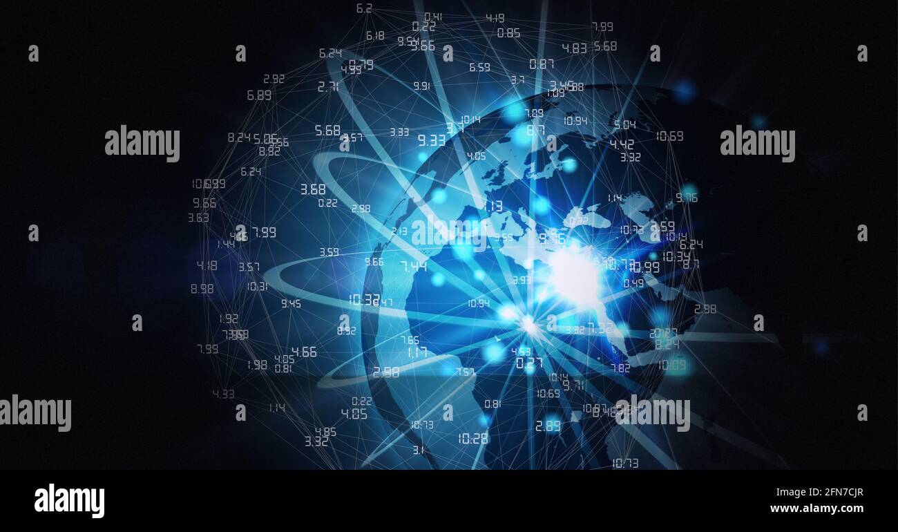 Composition of network of connections with numbers over globe on black background Stock Photo