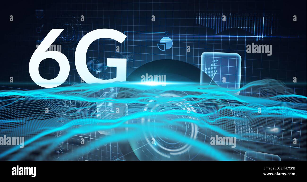 Composition of 6 g text over screen and scope with blue light trails Stock Photo