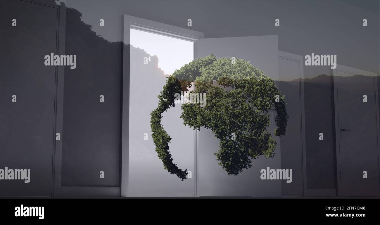 Composition of globe formed with green leaves over opened door and landscape Stock Photo