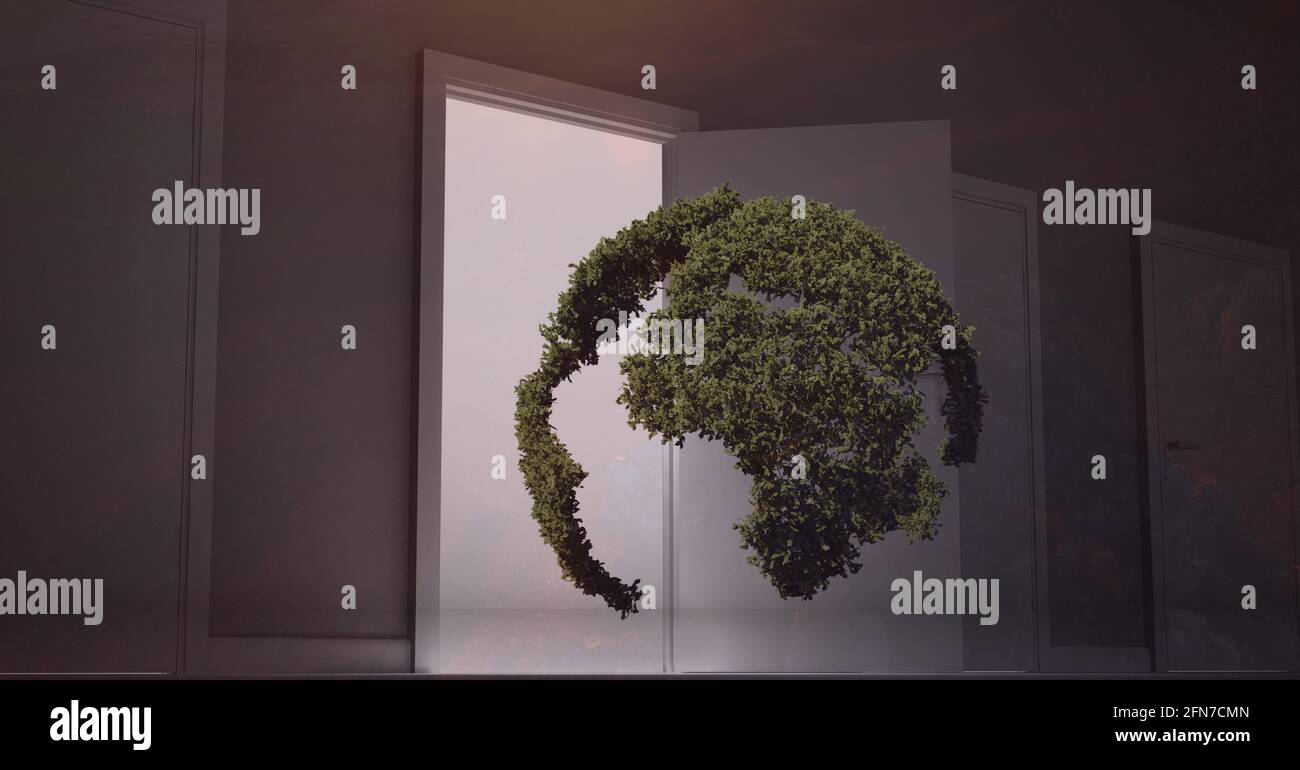 Composition of globe formed with green leaves over opened door in empty interiors Stock Photo