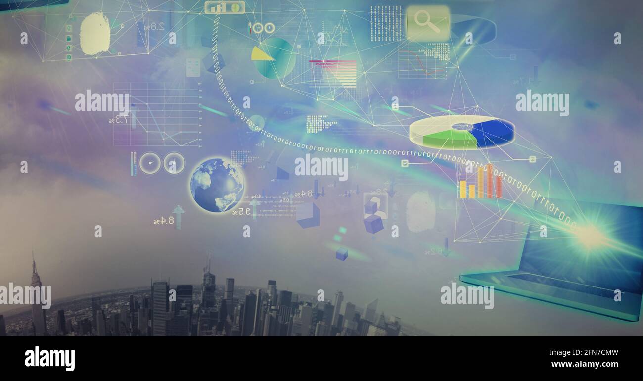Composition of network of connections with icons over laptop and cityscape Stock Photo