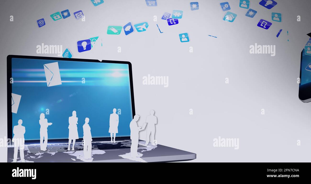 Composition of digital icons and people silhouettes over laptop on white background Stock Photo