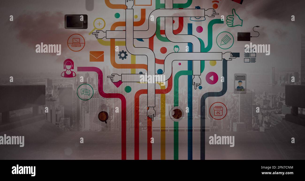 Composition of network of connections with icons over cityscape Stock Photo