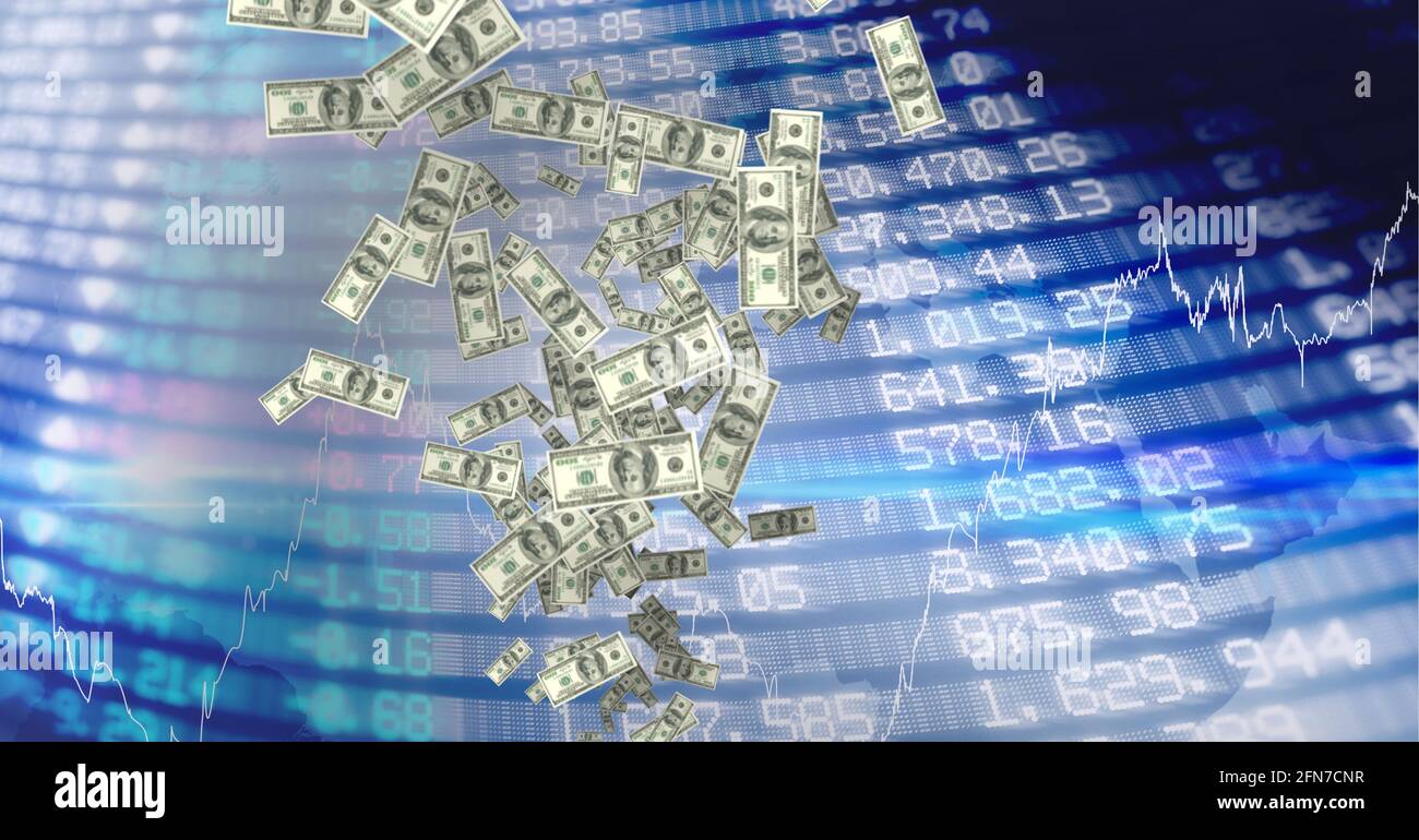 Composition of american dollar bills falling over financial data processing on blue background Stock Photo