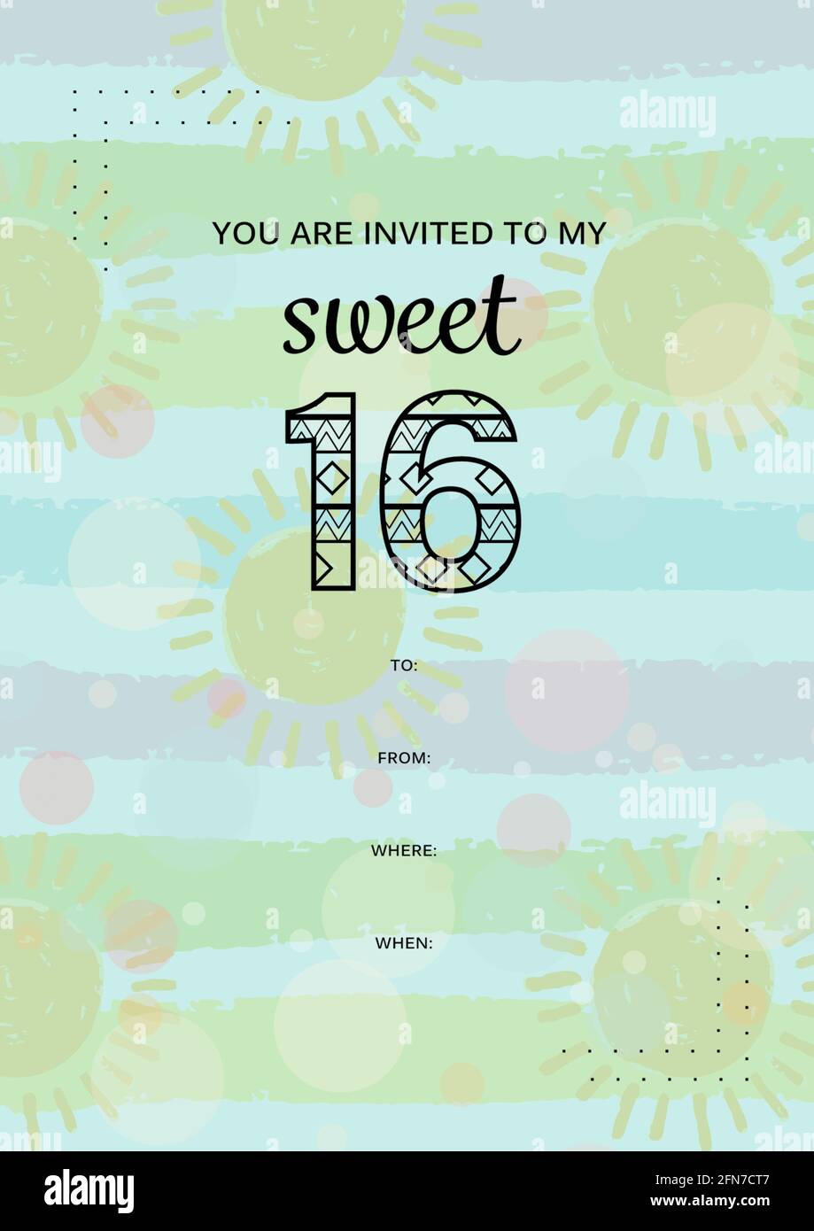 Composition of you are invited to my sweet 16 with copy space and sun pattern on green background Stock Photo
