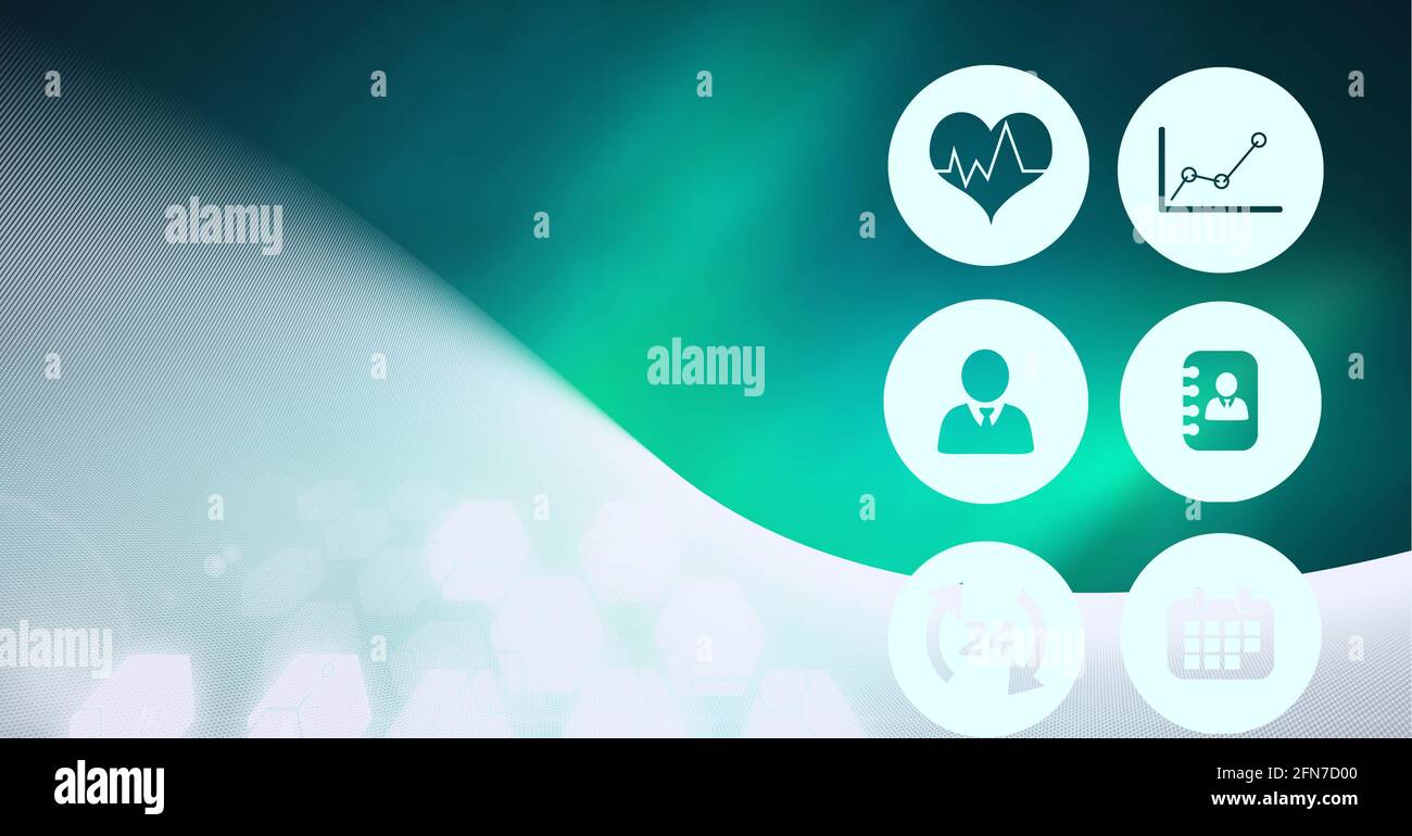 Composition of digital medical icons over green to white background ...