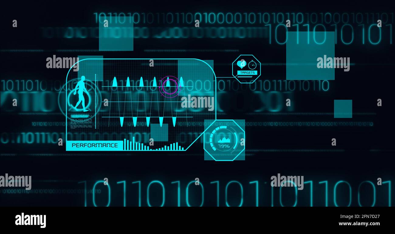 Composition of binary coding, human icon and data processing on screen ...