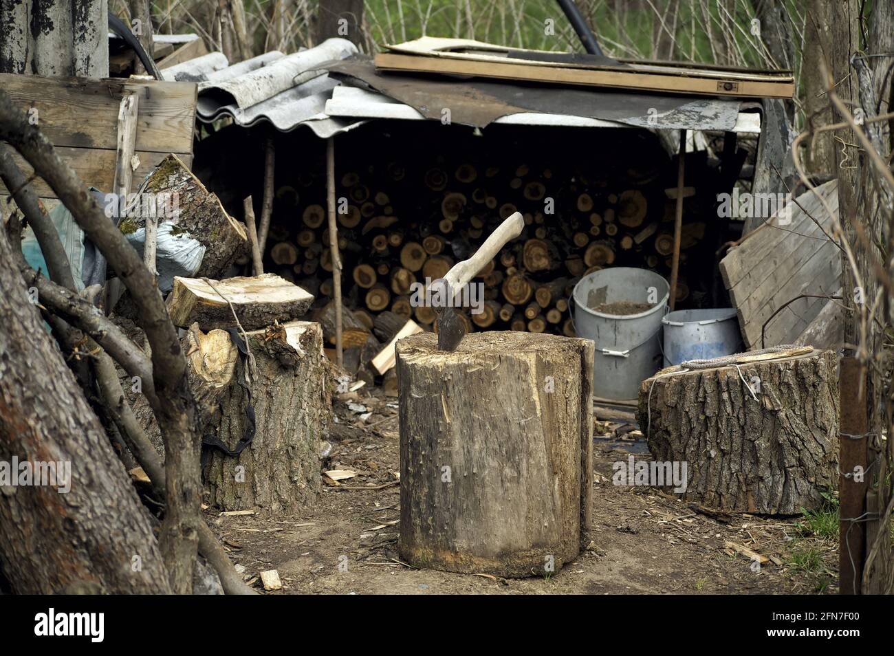 Axe stuck in tree log hi-res stock photography and images - Alamy