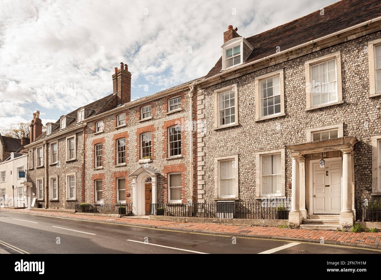 LEWES, EAST SUSSEX, UK - APRIL 29, 2012:  View of pretty buildings along the High Street and the diverse architecture Stock Photo