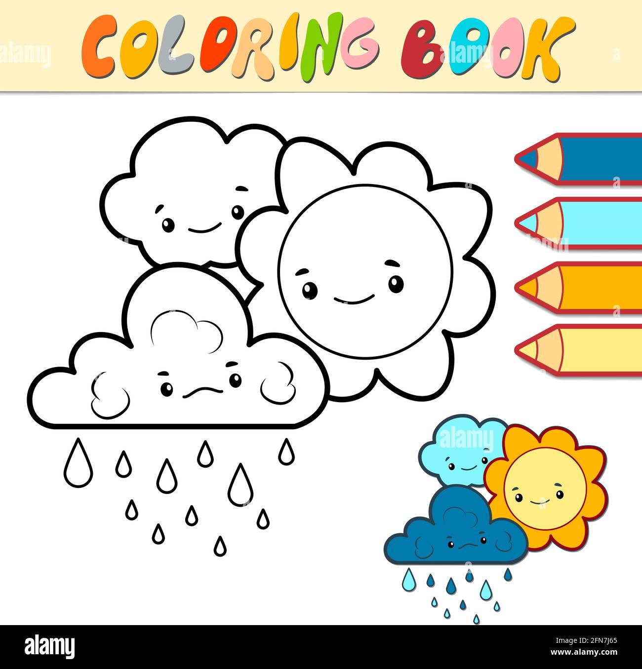 Coloring book or page for kids. sun and cloud black and white vector ...