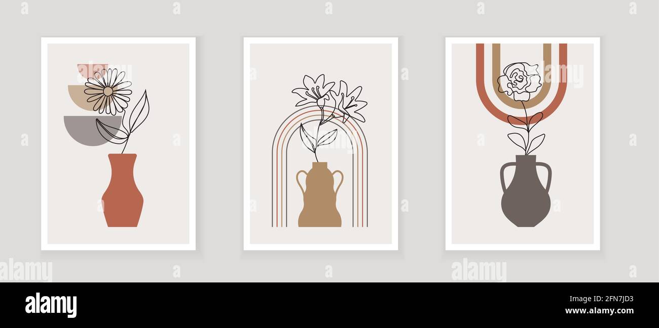 Abstract one line art leaf. Botanical prints boho vector set for wall ...