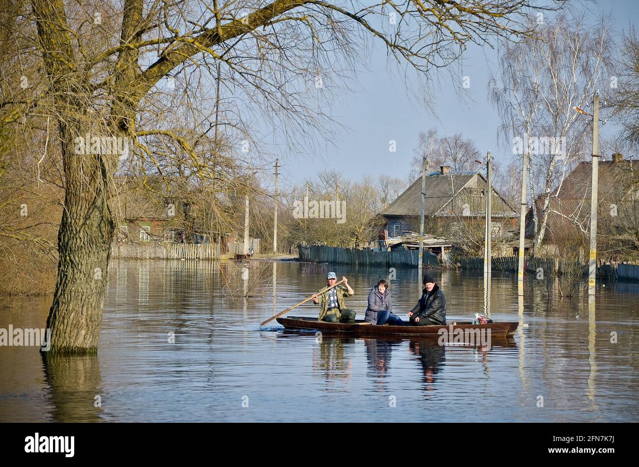 Belarus. Villagers Snyadin - 16.04.2013: Every year the villagers Snyadin are struggling with the consequences of a flood of the Pripyat River. 16.04.2013.  Stock Photo