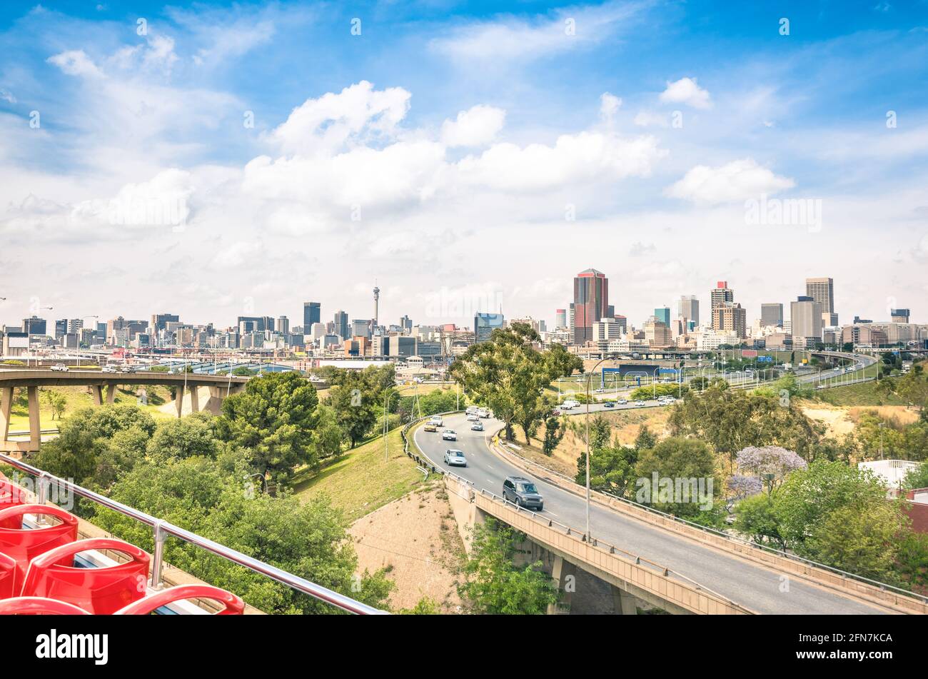 Wide angle view of Johannesburg skyline from the highways during a sightseeing tour around the urban area Stock Photo