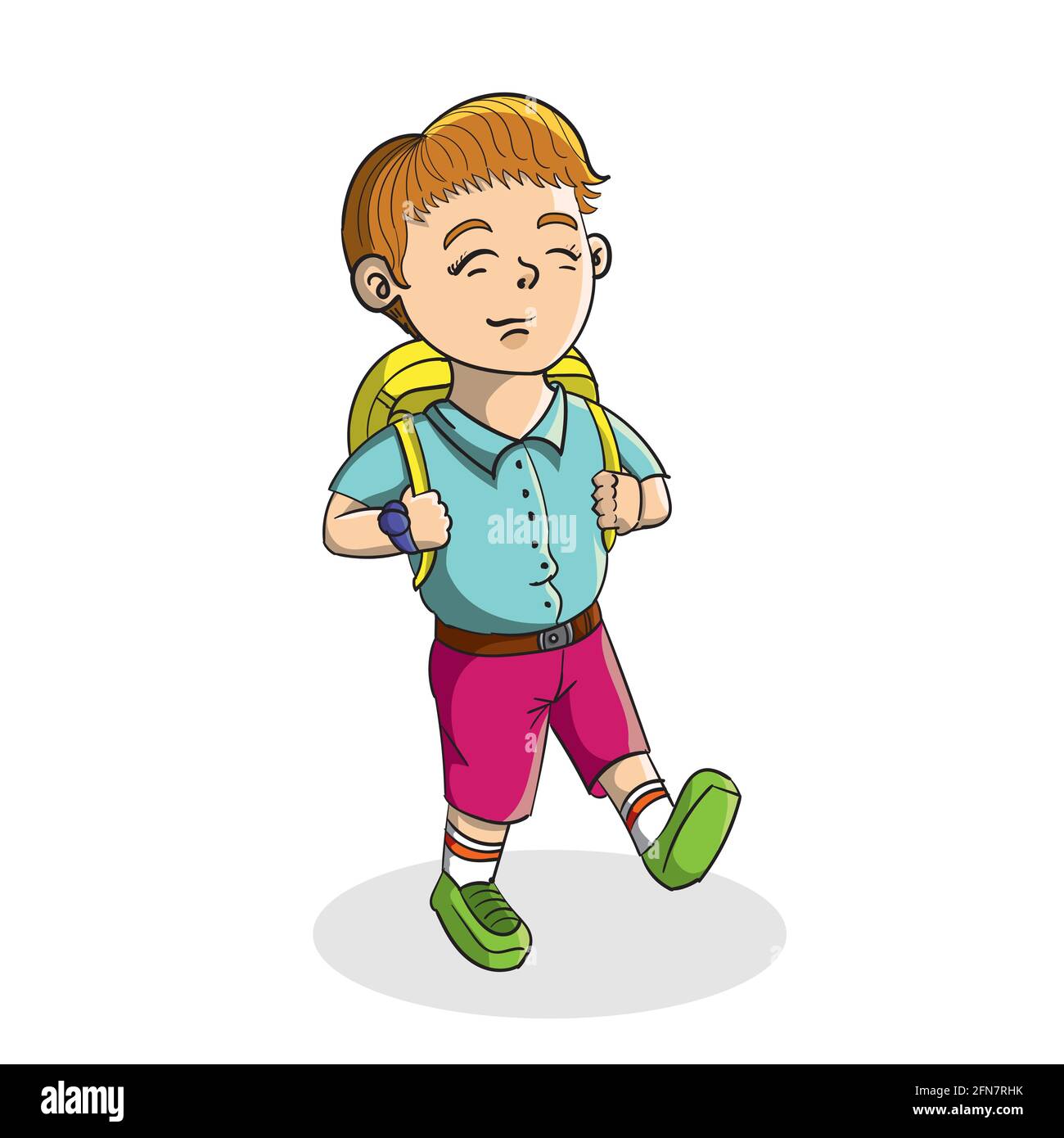 An illustration of school boy vector character wearing uniform and bag while walking to school Stock Vector