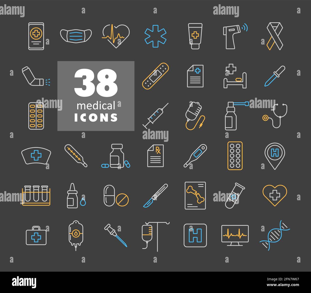 Medical vector icons set on dark background. Medicine and healthcare ...