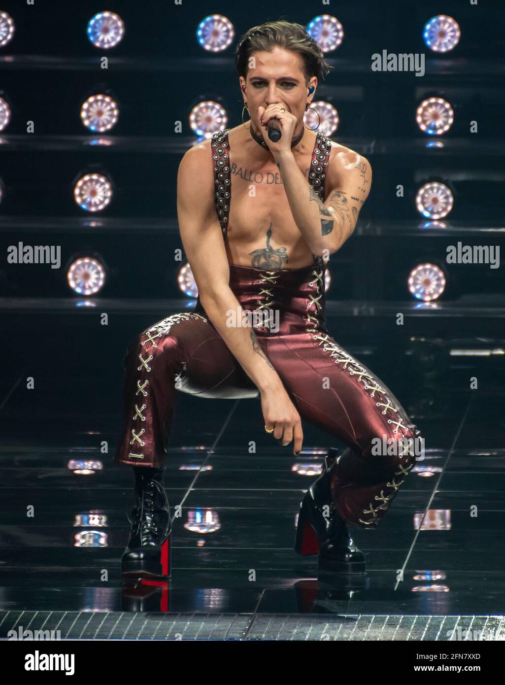 Rotterdam, Netherlands. 15th May 2021. Maneskin (Damiano David, Victoria De Angelis, Thomas Raggi, Ethan Torchio), representing Italy performing the song Zitti e buoni at the rehearsal of the Eurovision song contest 2021. Credit: Nearchos/Alamy Live News Stock Photo