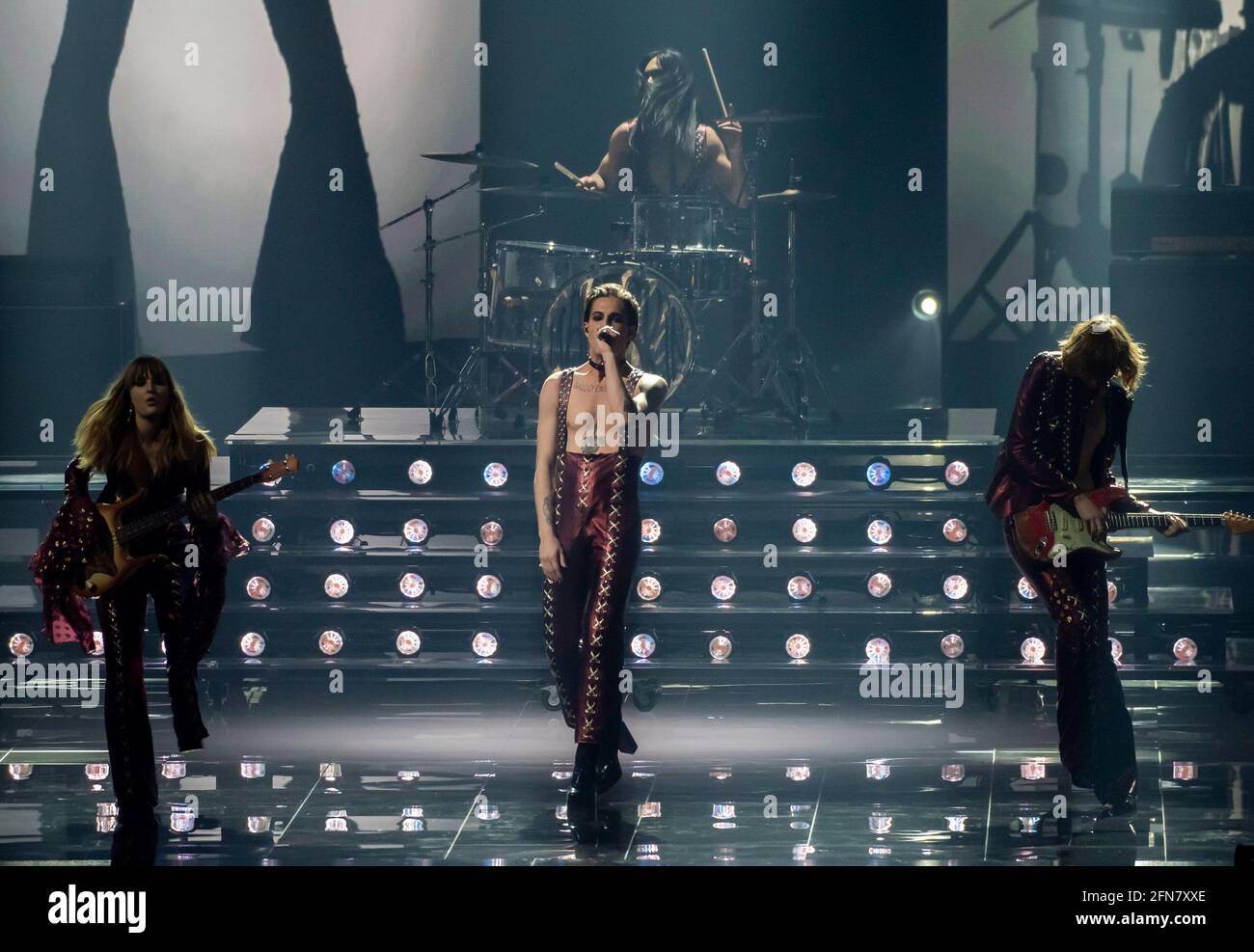 Rotterdam, Netherlands. 15th May 2021. Maneskin (Damiano David, Victoria De Angelis, Thomas Raggi, Ethan Torchio), representing Italy performing the song Zitti e buoni at the rehearsal of the Eurovision song contest 2021. Credit: Nearchos/Alamy Live News Stock Photo