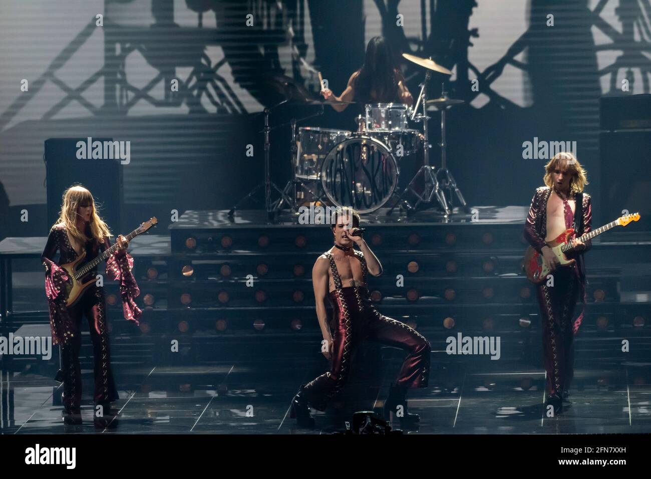 Rotterdam, Netherlands. 15th May 2021. Maneskin (Damiano David, Victoria De Angelis, Thomas Raggi, Ethan Torchio), representing Italy performing the song Zitti e buoni at the rehearsal of the Eurovision song contest 2021. Credit: Nearchos/Alamy Live News Stock Photo