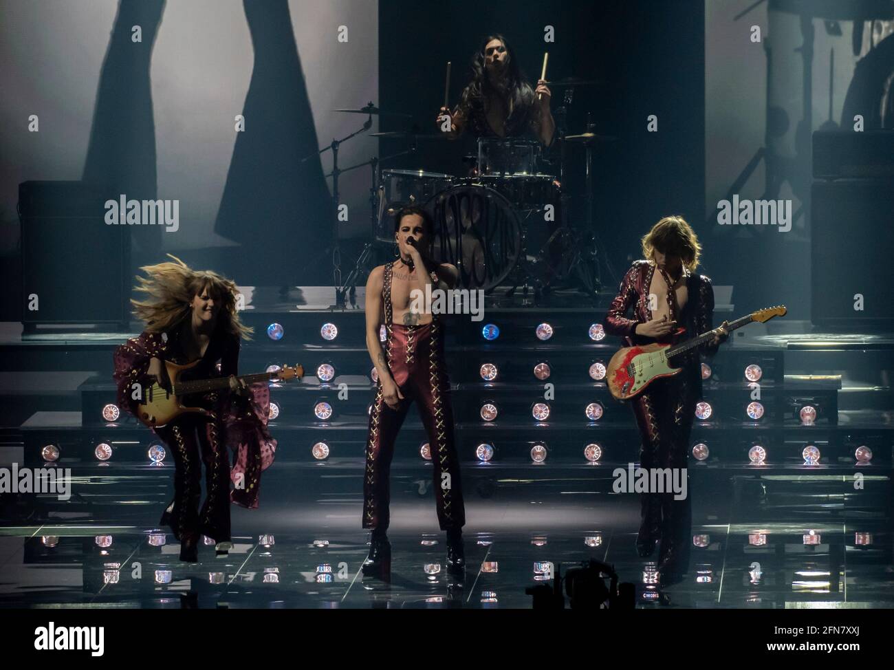 Rotterdam, Netherlands. 15th May 2021. Maneskin (Damiano David, Victoria De Angelis, Thomas Raggi, Ethan Torchio), representing Italy performing the song Zitti e buoni at the rehearsal of the Eurovision song contest 2021. Credit: Nearchos/Alamy Live News Stock Photo