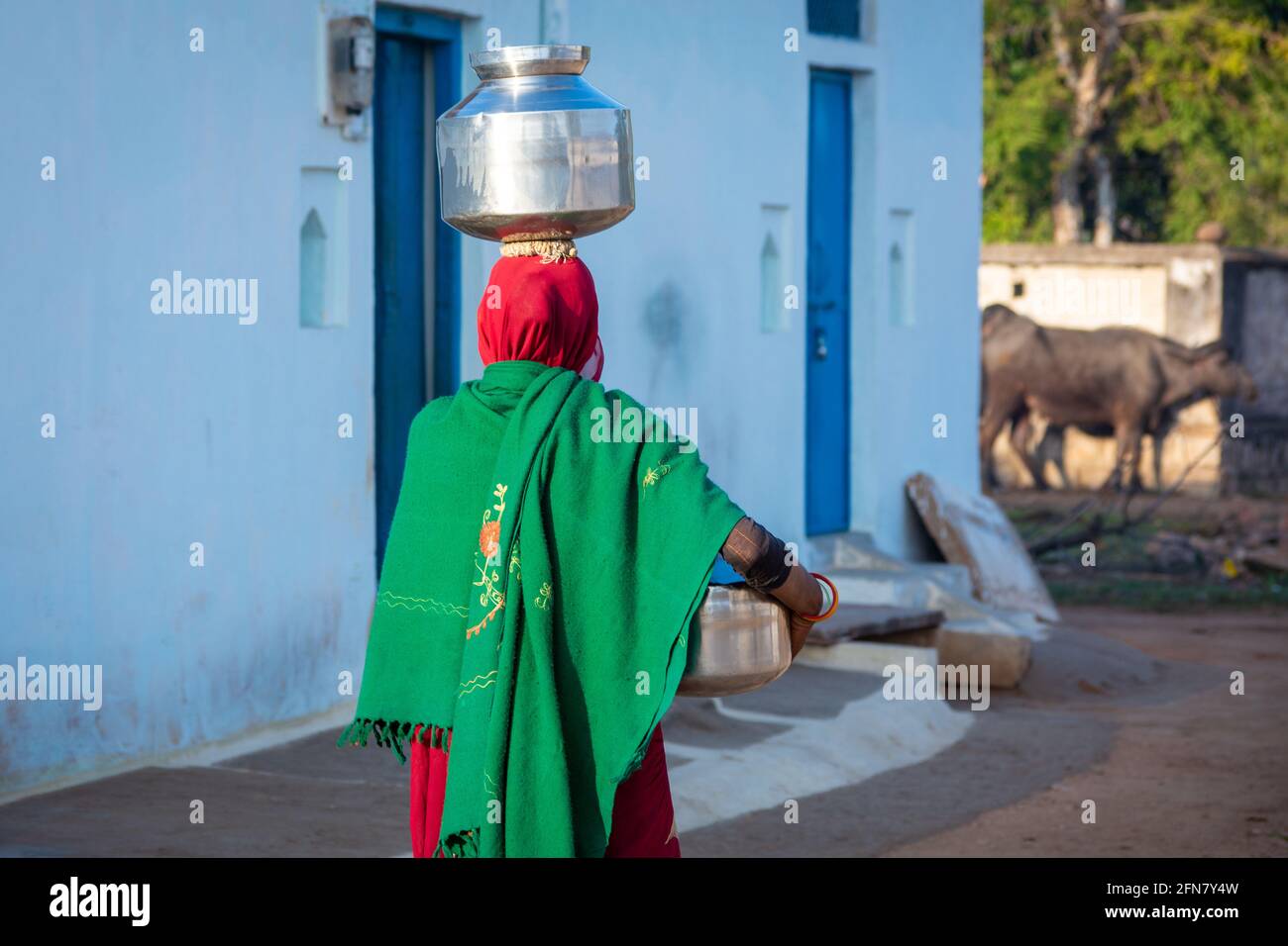 An Indian woman carrying a container of water on her head, An Indian rural scene. Stock Photo